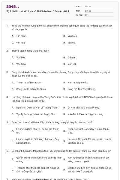 Bộ 2 đề thi cuối kì 1 Lịch sử 10 Cánh diều có đáp án - Đề 1