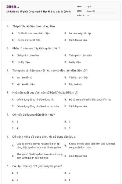 Đề kiểm tra 15 phút Công nghệ 8 Học kì 2 có đáp án (Đề 4)