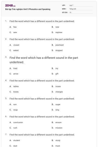 Bài tập Trắc nghiệm Unit 5 Phonetics and Speaking