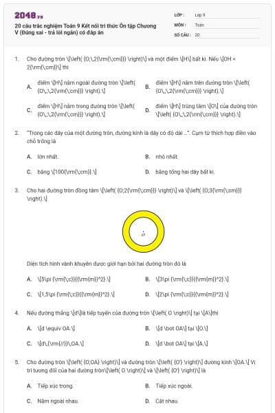 20 câu trắc nghiệm Toán 9 Kết nối tri thức Ôn tập Chương V (Đúng sai - trả lời ngắn) có đáp án