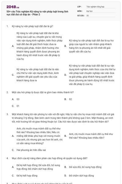 50+ câu Trắc nghiệm Kỹ năng tư vấn pháp luật trong lĩnh vực đất đai có đáp án - Phần 2