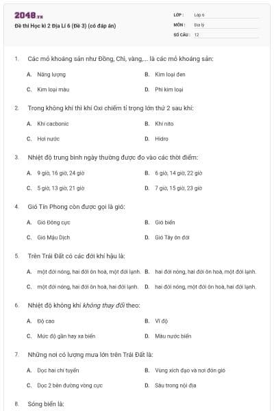 Đề thi Học kì 2 Địa Lí 6 (Đề 3) (có đáp án)