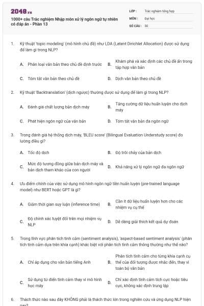 1000+ câu Trắc nghiệm Nhập môn xử lý ngôn ngữ tự nhiên có đáp án - Phần 13