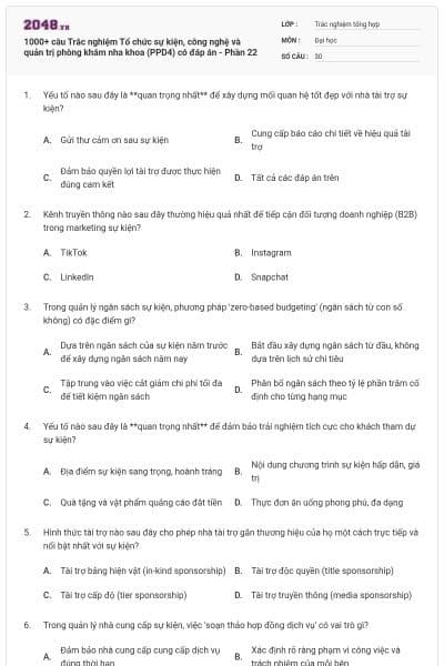 1000+ câu Trắc nghiệm Tổ chức sự kiện, công nghệ và quản trị phòng khám nha khoa (PPD4) có đáp án - Phần 22