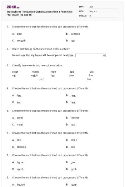 Trắc nghiệm Tiếng Anh 8 Global Success Unit 3 Phonetics: /ʊə/ và /ɔɪ/ (có đáp án)