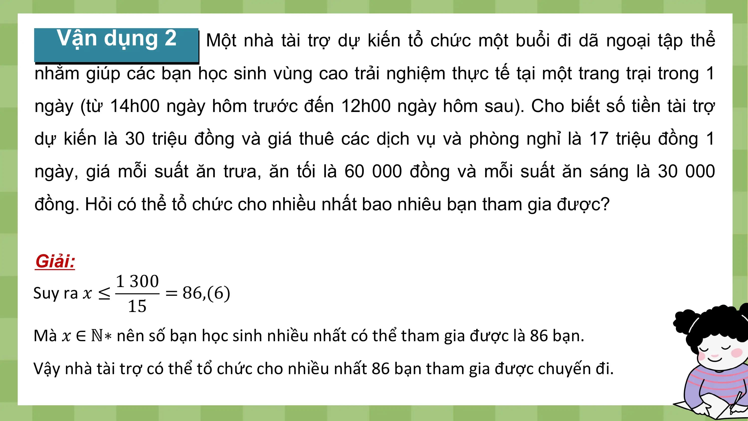Vận dụng 2 Một nhà tài trợ dự kiến tổ chức một buổi đi dã ngoại tập thể
nhằm giúp các bạn học sinh vùng cao trải nghiệm thực tế tại một trang trại trong 1
ngày (từ 14h00 ngày hôm trước đến 12h00 ngày hôm sau). Cho biết số tiền tài trợ
dự kiến là 30 triệu đồng và giá thuê các dịch vụ và phòng nghỉ là 17 triệu đồng 1
ngày, giá mỗi suất ăn trưa, ăn tối là 60 000 đồng và mỗi suất ăn sáng là 30 000
đồng. Hỏi có thể tổ chức cho nhiều nhất bao nhiêu bạn tham gia được?

Giải:
 1 300
Suy ra ? ≤ = 86,(6)
 15
Mà ? ∈ ℕ∗ nên số bạn học sinh nhiều nhất có thể tham gia được là 86 bạn.
Vậy nhà tài trợ có thể tổ chức cho nhiều nhất 86 bạn tham gia được chuyến đi.