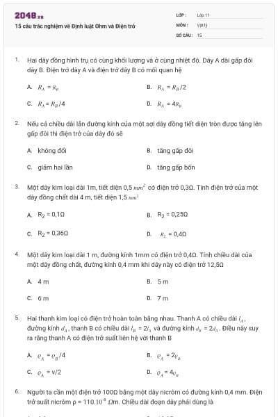 15 câu trắc nghiệm về Định luật Ohm và Điện trở