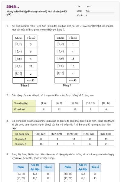(Đúng sai) 4 bài tập Phương sai và độ lệch chuẩn (có lời giải)
