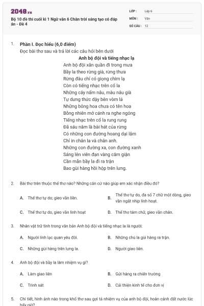 Bộ 10 đề thi cuối kì 1 Ngữ văn 6 Chân trời sáng tạo có đáp án - Đề 4