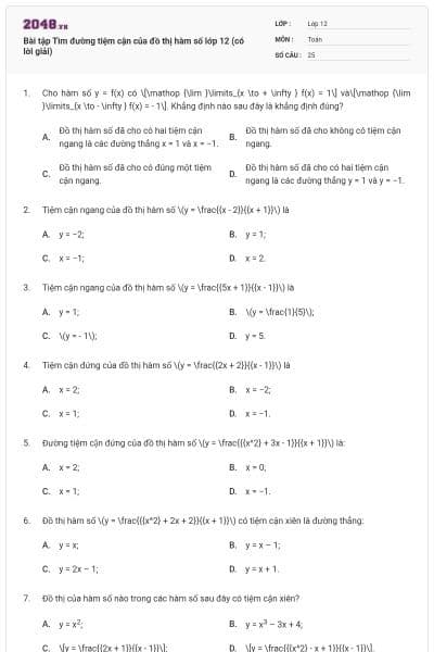 Bài tập Tìm đường tiệm cận của đồ thị hàm số lớp 12 (có lời giải)