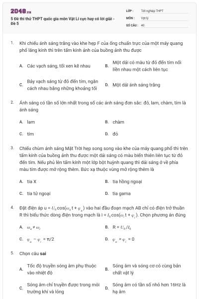 5 Đề thi thử THPT quốc gia môn Vật Lí cực hay có lời giải - Đề 5