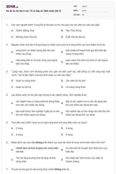 Bộ đề ôn thi Địa lí vào 10 có đáp án (Mới nhất) (Đề 9)