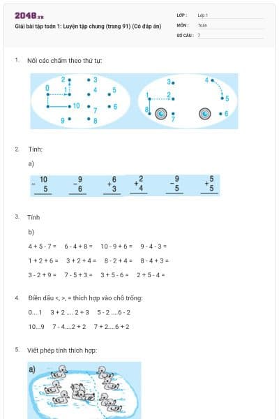 Giải bài tập toán 1: Luyện tập chung (trang 91) (Có đáp án)
