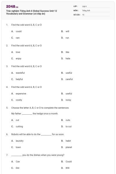 Trắc nghiệm Tiếng Anh 6 Global Success Unit 12 Vocabulary and Grammar (có đáp án)