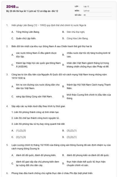 Bộ 20 đề thi học kì 1 Lịch sử 12 có đáp án -Đề 12
