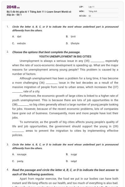 Bộ 5 đề thi giữa kì 1 Tiếng Anh 11 i-Learn Smart World có đáp án - Đề 1