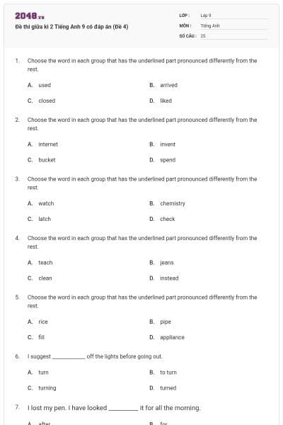 Đề thi giữa kì 2 Tiếng Anh 9 có đáp án (Đề 4)