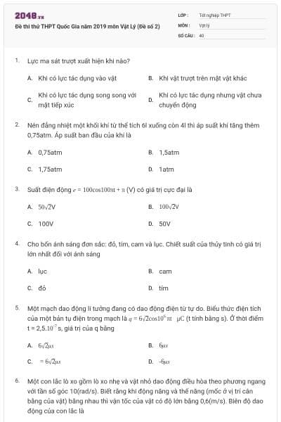 Đề thi thử THPT Quốc Gia năm 2019 môn Vật Lý (Đề số 2)