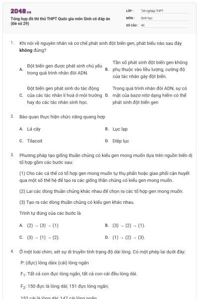 Tổng hợp đề thi thử THPT Quốc gia môn Sinh có đáp án (Đề số 29)