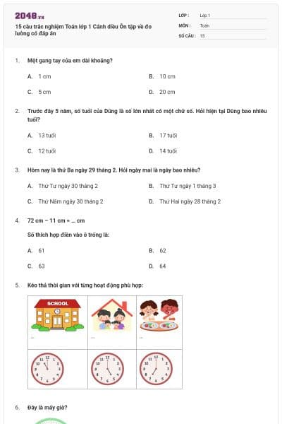 15 câu trắc nghiệm Toán lớp 1 Cánh diều Ôn tập về đo lường có đáp án