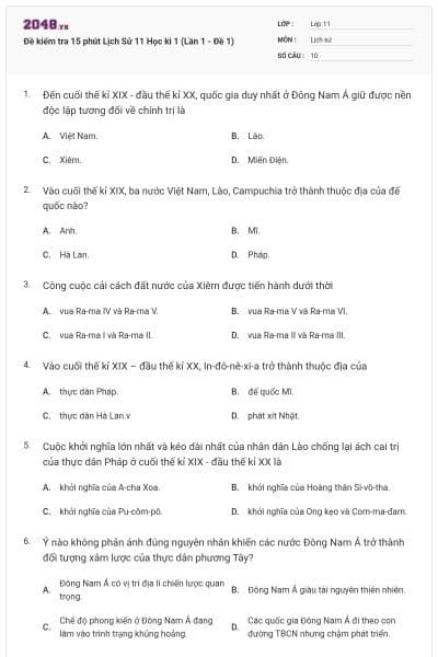 Đề kiểm tra 15 phút Lịch Sử 11 Học kì 1 (Lần 1 - Đề 1)