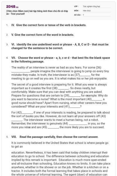 (Viên chức Mầm non) bài tập tiếng Anh theo chủ đề có đáp án - Test yourself