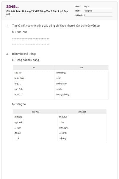 Chính tả Tuần 16 trang 71 VBT Tiếng Việt 2 Tập 1 (có đáp án)