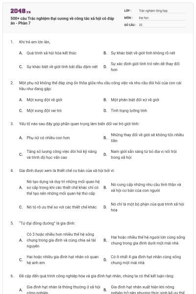 500+ câu Trắc nghiệm Đại cương về công tác xã hội có đáp án - Phần 7