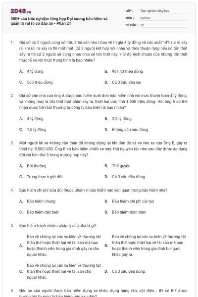 500+ câu trắc nghiệm tổng hợp Đại cương bảo hiểm và quản trị rủi ro có đáp án - Phần 21