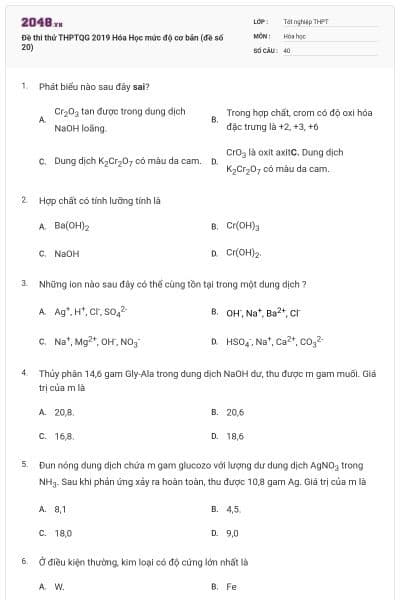 Đề thi thử THPTQG 2019 Hóa Học mức độ cơ bản (đề số 20)