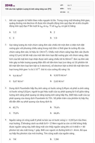 100 câu trắc nghiệm Lượng tử ánh sáng nâng cao (P5)