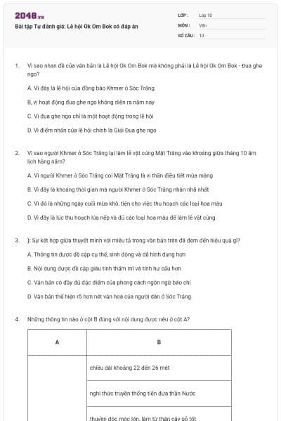 Bài tập Tự đánh giá: Lễ hội Ok Om Bok có đáp án
