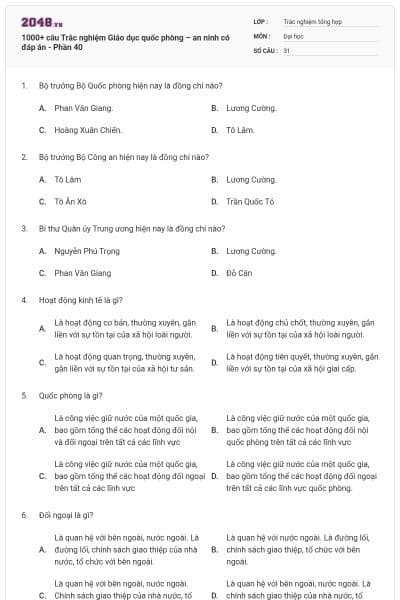 1000+ câu Trắc nghiệm Giáo dục quốc phòng – an ninh có đáp án - Phần 40