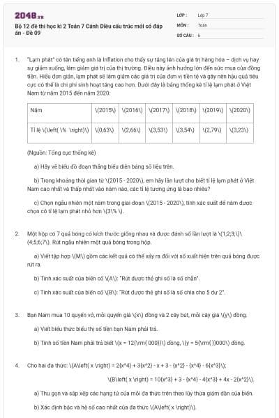 Bộ 12 đề thi học kì 2 Toán 7 Cánh Diều cấu trúc mới có đáp án - Đề 09