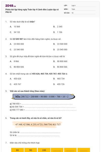 Phiếu bài tập hàng ngày Toán lớp 4 Cánh diều Luyện tập có đáp án