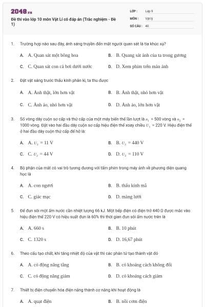 Đề thi vào lớp 10 môn Vật Lí có đáp án (Trắc nghiệm - Đề 1)