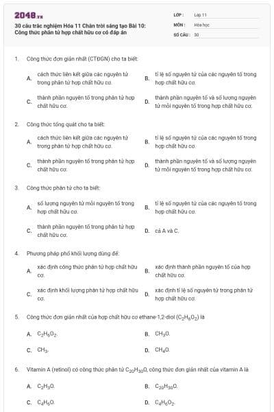 30 câu trắc nghiệm Hóa 11 Chân trời sáng tạo Bài 10: Công thức phân tử hợp chất hữu cơ có đáp án
