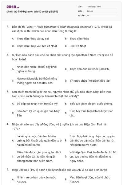 Đề thi thử THPTQG môn lịch Sử có lời giải (P4)