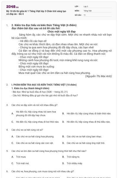 Bộ 10 đề thi giữa kì 1 Tiếng Việt lớp 3 Chân trời sáng tạo có đáp án - Đề 4
