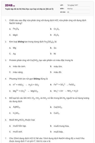 Tuyển tập đề ôn thi Hóa Học cực hay có đáp án (Đề số 5)