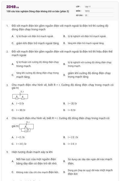 100 câu trắc nghiệm Dòng điện không đổi cơ bản (phần 3)