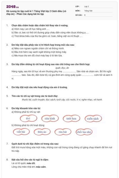 Đề cương ôn tập cuối kì 1 Tiếng Việt lớp 2 Cánh diều (có đáp án) - Phần Các dạng bài ôn tập