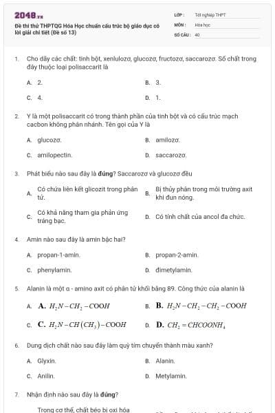 Đề thi thử THPTQG Hóa Học chuẩn cấu trúc bộ giáo dục có lời giải chi tiết (Đề số 13)
