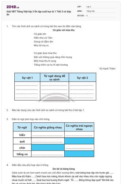 Giải VBT Tiếng Việt lớp 3 Ôn tập cuối học kì 1 Tiết 3 có đáp án