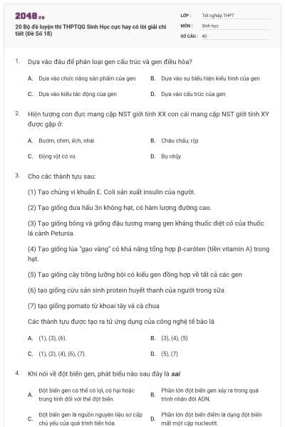 20 Bộ đề luyện thi THPTQG Sinh Học cực hay có lời giải chi tiết (Đề Số 18)