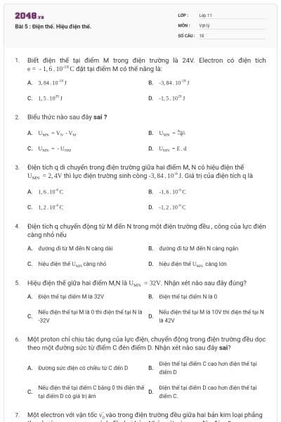Bài 5 : Điện thế. Hiệu điện thế.