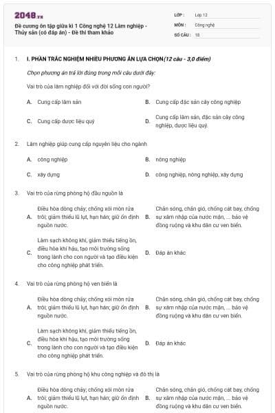Đề cương ôn tập giữa kì 1 Công nghệ 12 Lâm nghiệp - Thủy sản (có đáp án) - Đề thi tham khảo
