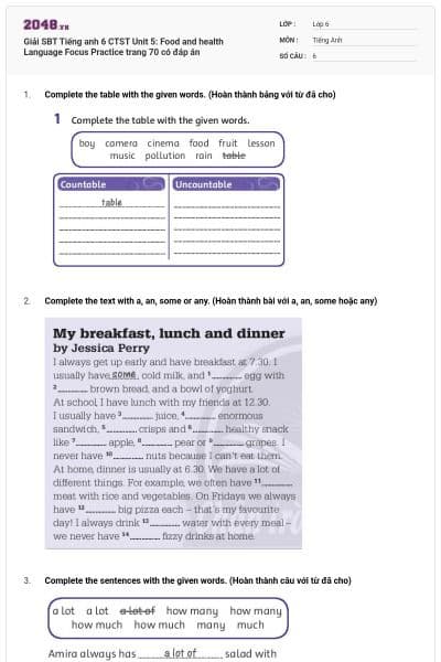 Giải SBT Tiếng anh 6 CTST Unit 5: Food and health Language Focus Practice trang 70 có đáp án