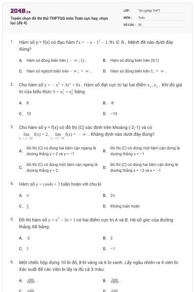 Tuyển chọn đề thi thử THPTQG môn Toán cực hay, chọn lọc (đề 4)