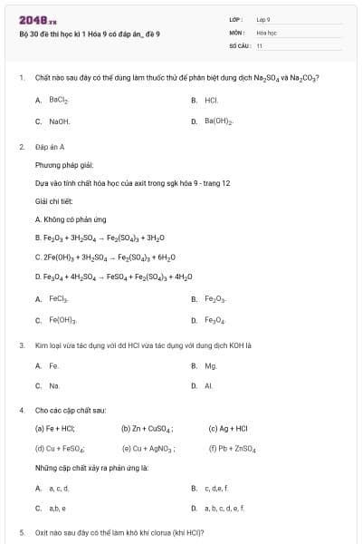 Bộ 30 đề thi học kì 1 Hóa 9 có đáp án_ đề 9